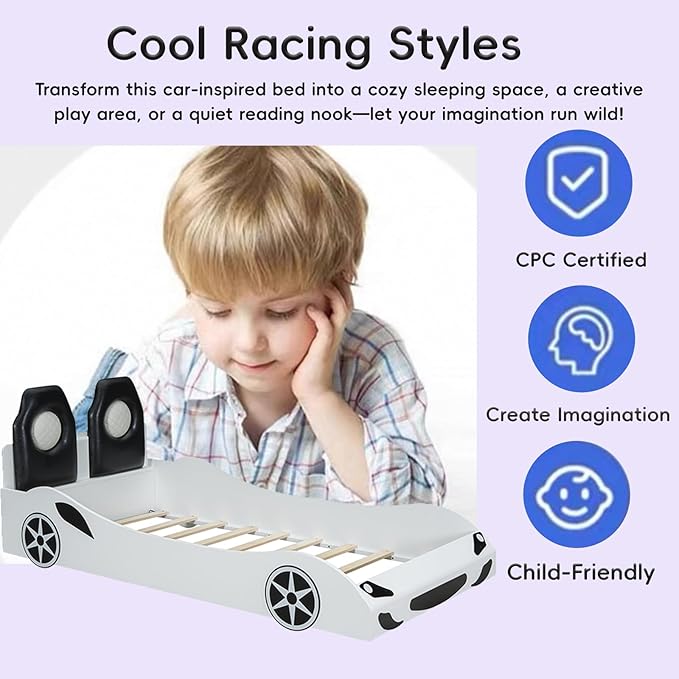 Kids Car Bed Frame Twin Size Car-Shaped Platform Bed with LED Lights and Upholstered Backrest, Solid Wood Car Bed Frame with Wheels and Guardrails for Boys Girls, White