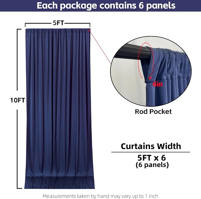 30x10FT Navy Blue Backdrop Curtains for Wedding Parties, Wrinkle Free Photo Backdrop Curtains for Wedding Birthday Party Baby Shower, Fabric Drape with Rod Pockets 5ft x 10ft, 6 Panels