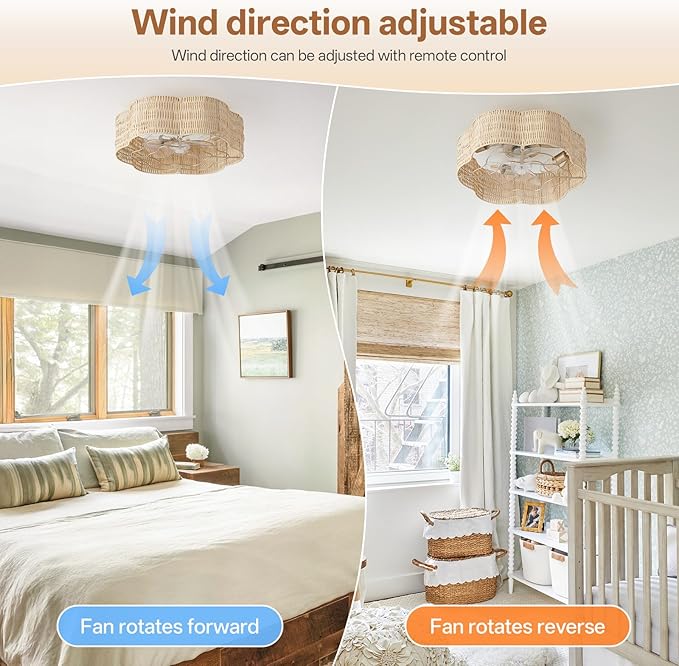 Caged Ceiling Fan with Lights, Flush Mount 20" Boho Ceiling Fans with Lights Remote Control, Low Profile Rattan Bladeless with 6 Speeds for Bedroom, Nursery, Kitchen