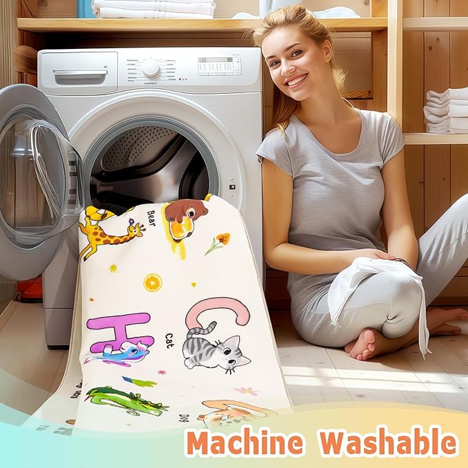 Kids Rugs for Playroom, 5x7 Feet Educational Rug for Learn The ABC Alphabet, Soft Machine Washable Non-Slip Cute Cartoon Animals Carpet for Classroom Toddler Nursery Kids Room Decor, Beige
