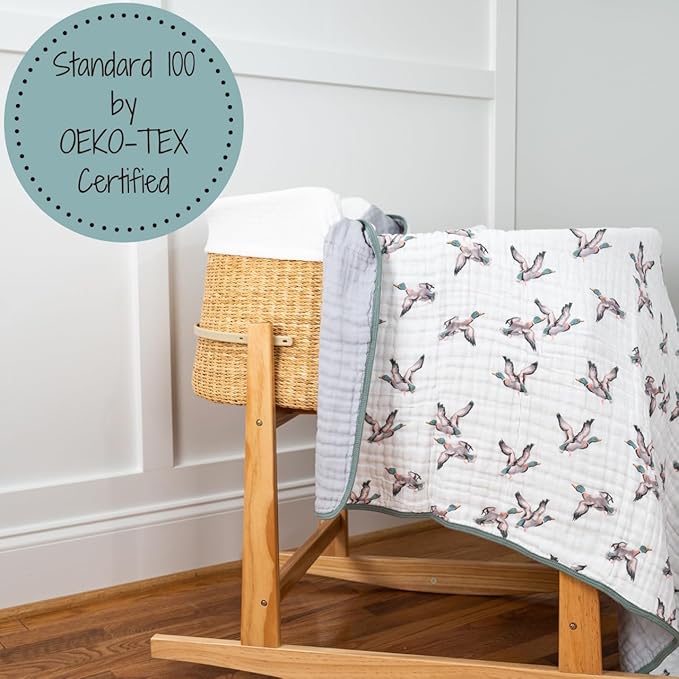 LollyBanks Muslin Baby Blanket 100% Organic Cotton, Muslin Quilt Lightweight, Toddler Blanket for Boys and Girls, 6 Layers Baby Blankets 47"x 47", Soft Nursery Receiving Blankets (Duck Print)