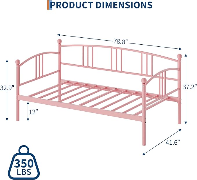 GarveeHome Twin Daybed, Sturdy Metal Day Bed with Steel Slat Support, Arched Headboard Sofa Bed for Living Room, Bedroom and Guest Room, Pink
