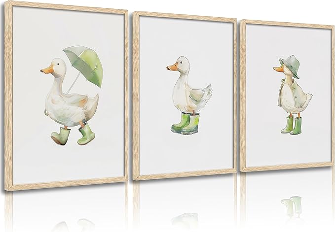 3Pcs Baby Animal Nursery Wall Art Funny Green Rain Gear Duck Painting Picture Wall Decor This Set of 3 Happy Ducks Wearing Green Boots Poster Print Artwork for Kids Boys Room Bedroom Decorate,Unframed