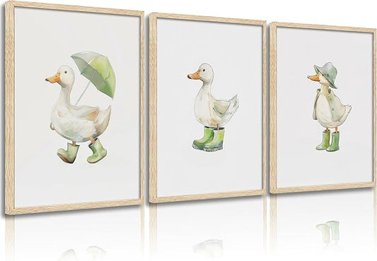 3Pcs Baby Animal Nursery Wall Art Funny Green Rain Gear Duck Painting Picture Wall Decor This Set of 3 Happy Ducks Wearing Green Boots Poster Print Artwork for Kids Boys Room Bedroom Decorate,Unframed
