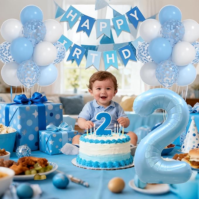 2nd Birthday Decorations For Boy -12 Inch Blue White Balloons, 40 Inch Blue 2 Balloon,, Happy Birthday Banner for Baby Boy 2 Year Old BD Party Decorations