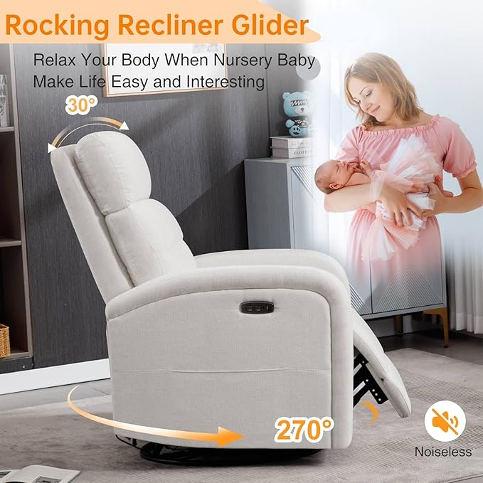 Power Glider Recliner Nursery Rocking Chairs with USB, Electric Swivel Rocker Glider Chair for Living Room, Upholstered Recliner Chairs for Bedroom, Bedroom, Chenille White