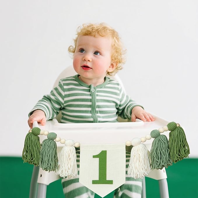 Green Wild One 1st Birthday High Chair Banner First Highchair Banner For Baby Boys Handmade Wall Hangings Boho Wood Bead Tassel Garland 1 Birthday Party Decorations Photoshoot Props Photo Props
