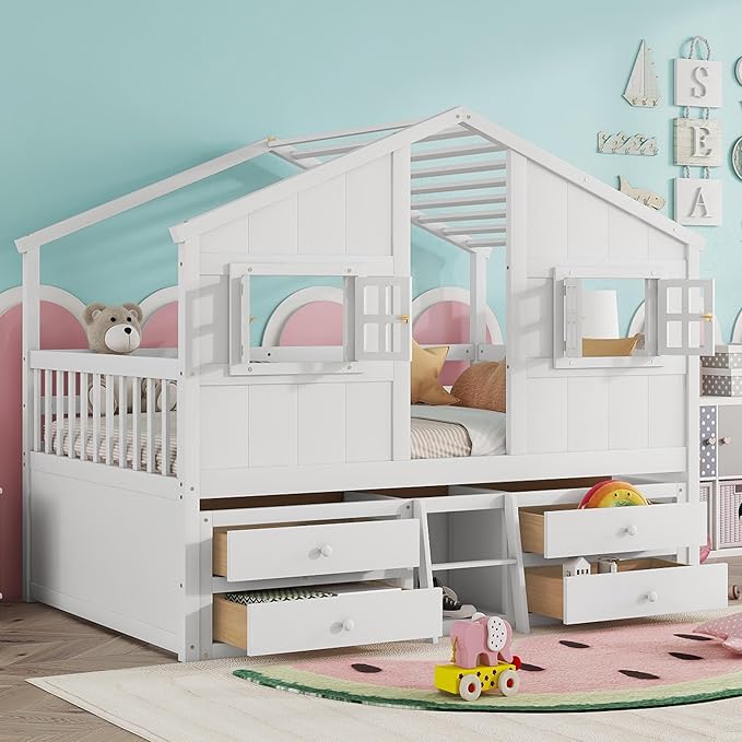 Harper & Bright Designs Full Size House Loft Bed with 4 Storage Drawers, Low House Montessori Bed with Roof and Windows, Safety Guardrails for Kids, Girls, Boys, White