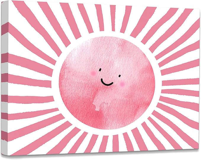 WODMIS Boho Sun Shunshine Wall Art, Cute Cartoon Smiling Watercolor Neutral Canvas Home Decor for Kids Baby Room Nursery Playroom, Pink 11x14