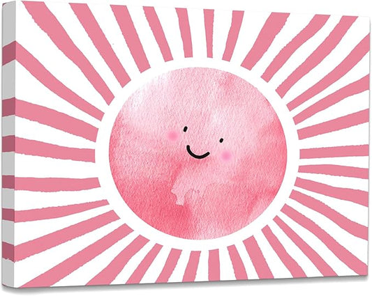 WODMIS Boho Sun Shunshine Wall Art, Cute Cartoon Smiling Watercolor Neutral Canvas Home Decor for Kids Baby Room Nursery Playroom, Pink 11x14