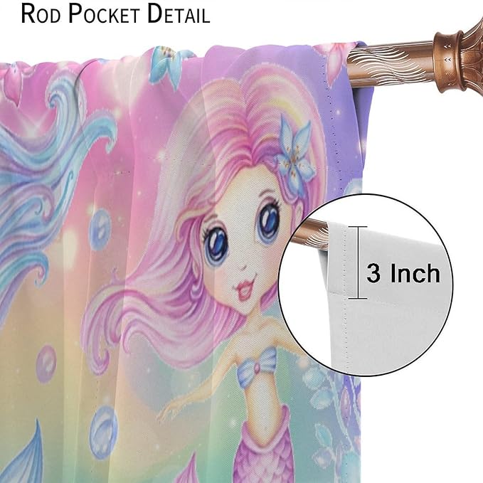 Cartoon Mermaid Kids Curtain Fantasy Ocean Theme Coral Flower Floral Window Treatment for Kids Girls Bedroom Nursery Room Decor Rod Pocket Blackout Window Drapes 42x45in