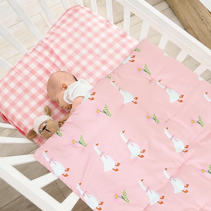 Oudain 4 Piece Goose Crib Bedding Set Including Goose Crib Skirt, Blanket, Sheet and Diaper Stacker, Soft Neutral Nursery Standard Size Baby Bedding for Baby Girls and Boys