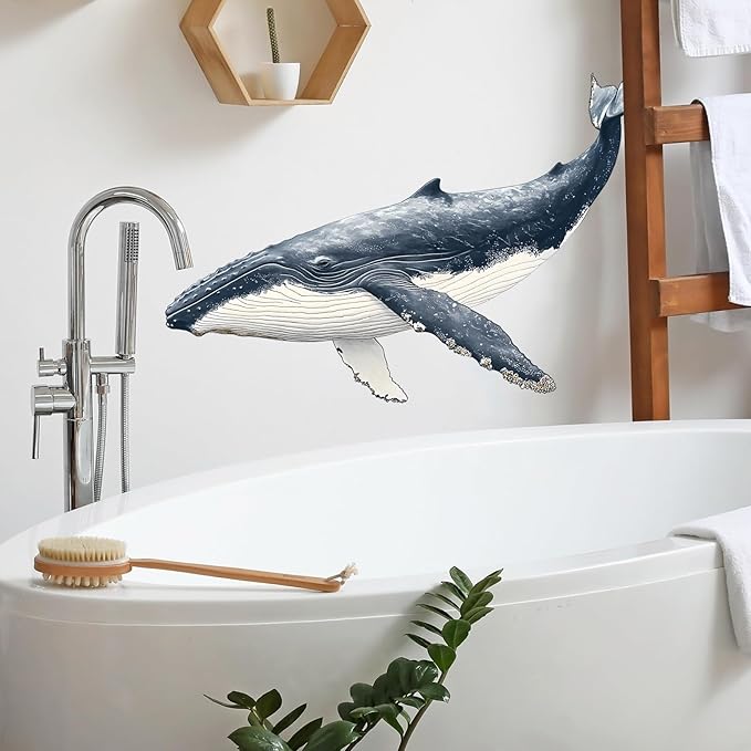 Humpback Whale Wall Decals Removable Ocean Theme Vinyl Stickers for Bathroom Nursery and Kids Playroom Realist Style Decor Peel and Stick Wall Art