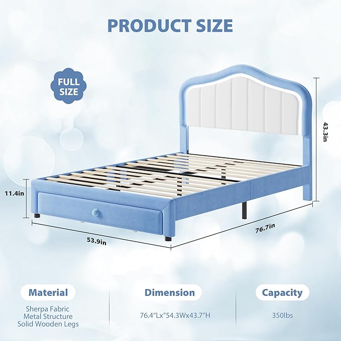 GarveeHome Upholstered Full Size Bed Frame with Led Lights and Storage Drawer, Cute Velvet Led Bed Frame with Headboard for Kids, Girls, Boys, No Box Spring Needed, Wooden Slats, Noise Free, Blue