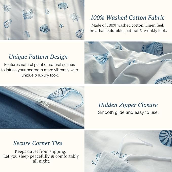 MILDLY 100% Washed Cotton Duvet Cover - Seashell Blue Comforter Cover Set Nautical Coastal Pattern Bedding Set with Zipper Closure 4 Ties Full Size