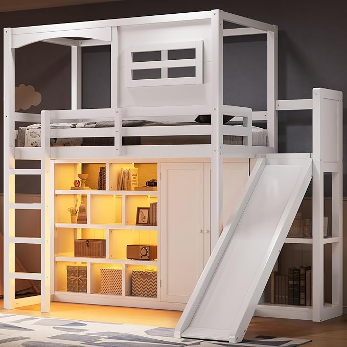 Merax Modern Multifunction Wood Loft Bed with Wardrobe & Storage Shelves, Twin House Shaped Loft Bed Frame with Ladders & Slide, No Box Spring Needed, Space Saving, White