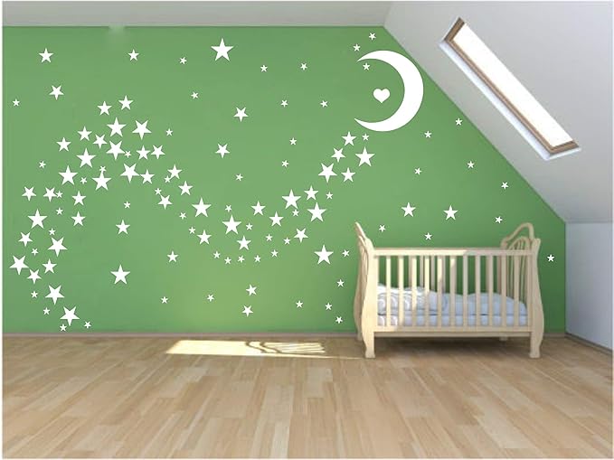 Easma Star Wall Decals (191stars+1moon+1heart) 3 Size White Stars and Moon Decals Removable Peel and Stick Stickers Fits Kids Room Decor