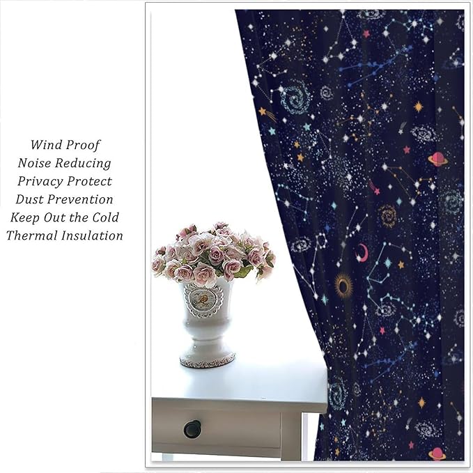 Kids Galaxy Curtains, Fantasy Stars Outer Space Universe Planets Print Window Treatments for Boys Girls Bedroom Nursery Playroom 42" W X 45" L