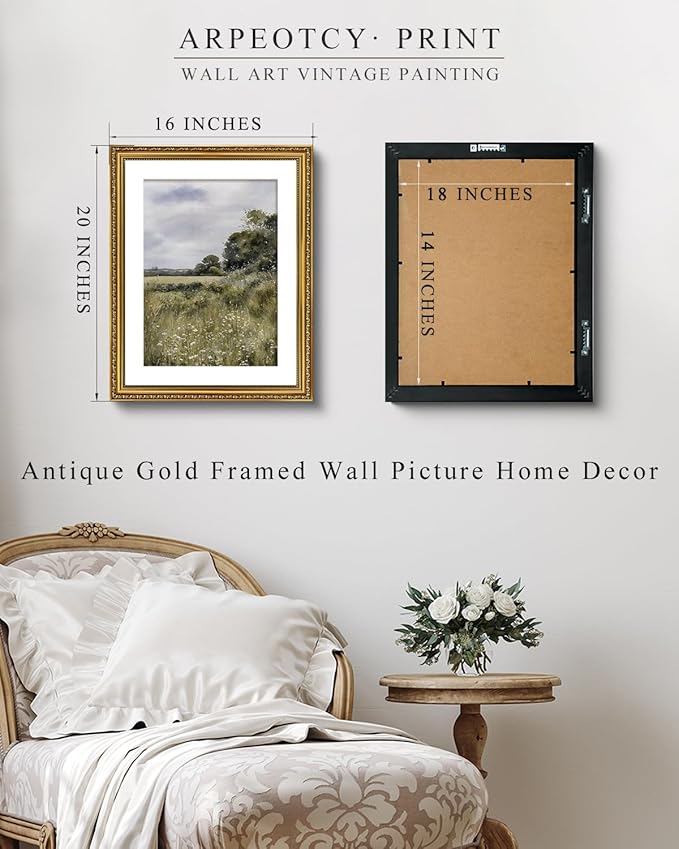 ARPEOTCY Vintage Gold Framed Large Wall Art, Farmhouse Meadow Landscape Country Painting, Canvas Prints with Antique Frame, Moody Victorian Wall Picture Decor for Living Room Gallery, 16x20 inch