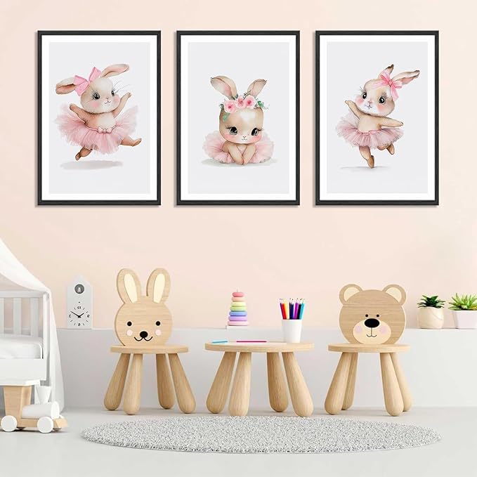 3 Pcs Pink Bunny Wall Art for Nursery Baby Room Cute Posters Prints Wall Decor Pictures Pink Preppy Dress Rabbit Ballet Artwork Canvas Paintings for Girls Room Bedroom Hone Decoration Unframed