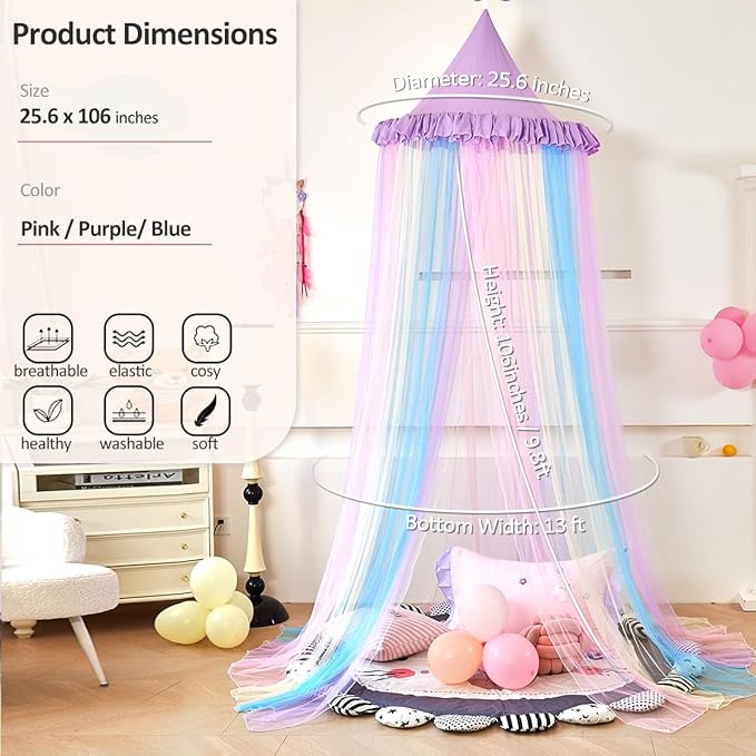 Kertnic Rainbow Bed Canopy for Girls Dreamy Mosquito Net for Bed Round Dome Princess Bed Canopy Girl Room Play Tent Kids Canopy Bed Netting Curtains (Single Layer- Purple)