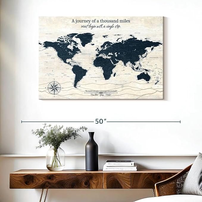 ElephantStock - A Journey I Push Pin World Map Wall Art - Horizontal Canvas Wall Art - Living Room Wall Decor - Digital Art Map Canvas Art - Blue And Beige Decor - 39" x 26"