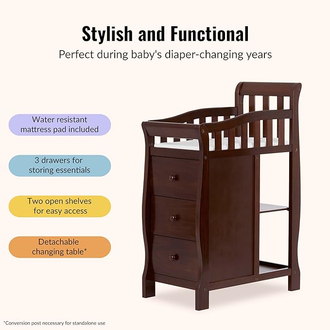 Dream On Me Jayden 4-in-1 Mini Convertible Crib And Changer in Espresso, Greenguard Gold Certified, Non-Toxic Finish, New Zealand Pinewood, 1" Mattress Pad