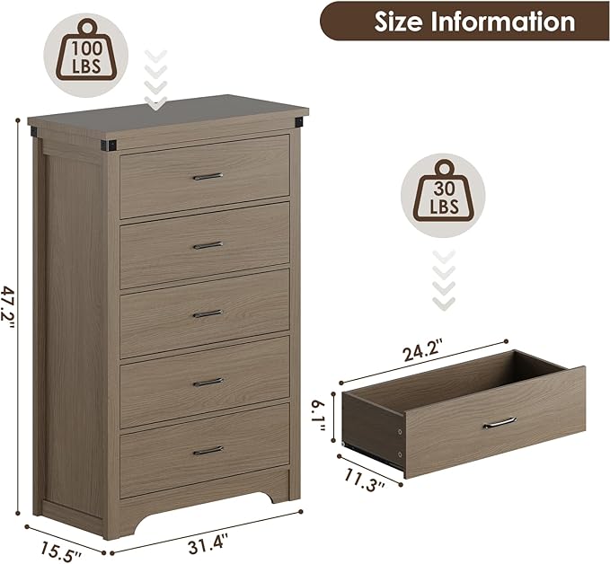 Farmhouse 5 Drawer Dresser for Bedroom, 47" Tall Chest of Drawers, Wood White Dresser with Deep Drawers, Storage Dressers Organizer for Bedroom, Living Room, Hallway, Light Rustic Oak