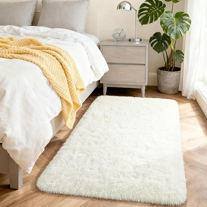 Merelax Soft Modern Indoor Shaggy Area Rug for Bedroom Livingroom Dorm Kids Room Home Decorative, Non-Slip Plush Fluffy Furry Fur Rugs Comfy Nursery Accent Floor Carpet 3x5 Feet, Ivory