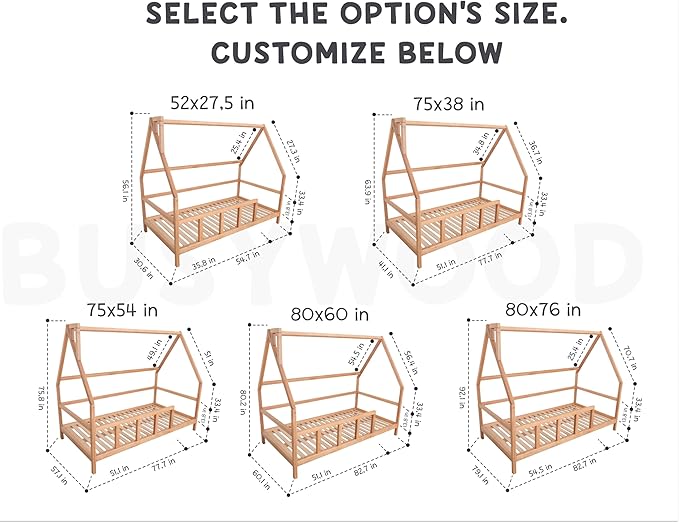 BUSY WOOD Montessori Bed for Toddlers - Cozy House Bed for Kids - Wooden Loft Toddler Bed Frame - House Bed Frame - Montessori Bed with Rails - Toddler Bedroom Furniture (Model 1, Legs and Slats)