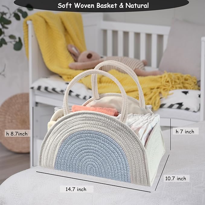 COMFY-HOMI Diaper Caddy Organizer with Gift Bags and Ribbons - Sturdy Cotton Rope Basket for Baby Girl & Boy Newborn Essentials, Large Shower Gift Bag, Nursery Storage Caddy with Handles (white bule)