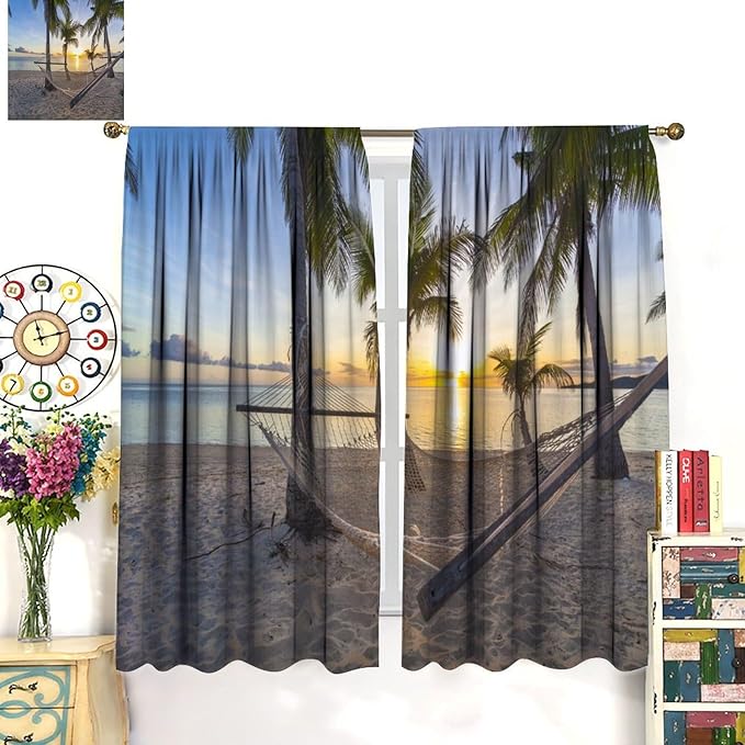 Ocean Beach Curtains,Morning Sunrise Hawaiian Seaside Scene Pattern Blackout Print Home Bedroom Living Room Window Treatments 2 Panel Set 72x63 Inch
