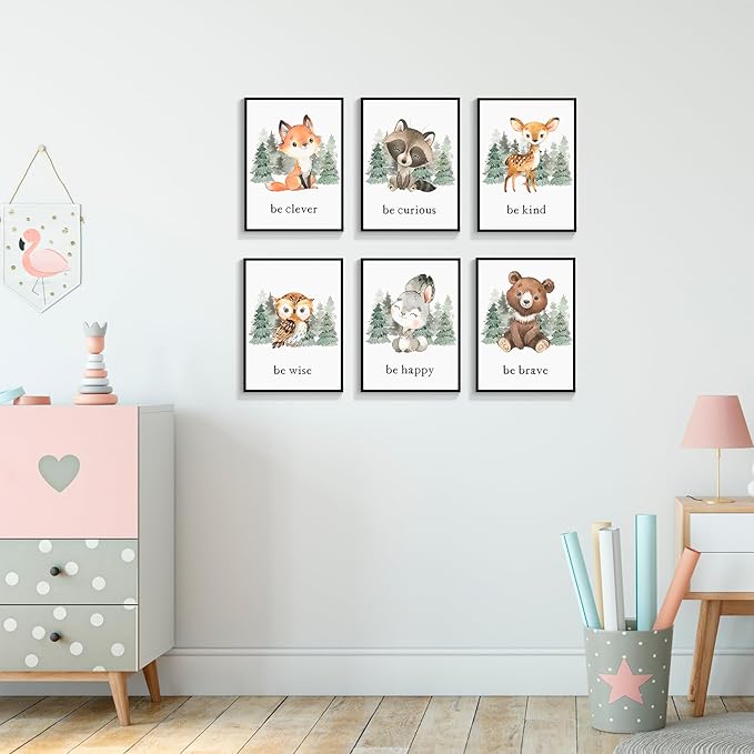 gooptyinh Framed Woodland Nursery Animal Canvas Wall Art, 6 Piece Inspirational Forest Animals Print Posters, Motivational Quotes Cute Bear Fox Rabbit Deer Raccoon Owl Decor for Baby Bedroom 12x16in
