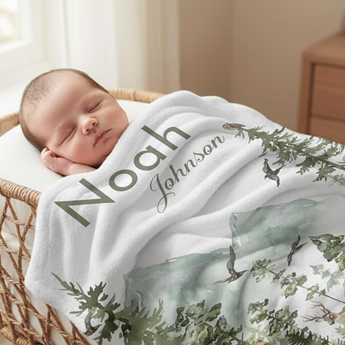 Personalized Woodland Baby Blanket with Name, Custom Name Blanket for Boy, Printed in USA, Super Soft Blankets for Newborn, Customized Gifts for Baby Shower Birthday Christmas