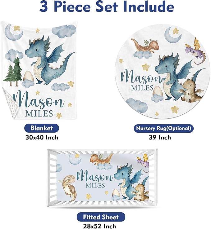 Custom Baby Crib Bedding Set - Blue Dinosaur Design Personalized Name Baby Nursery Bedding 3 Pcs Set - Chic Soft Blanket, Fitted Sheet, Room Rug for Newborns Boys Girls Gifts