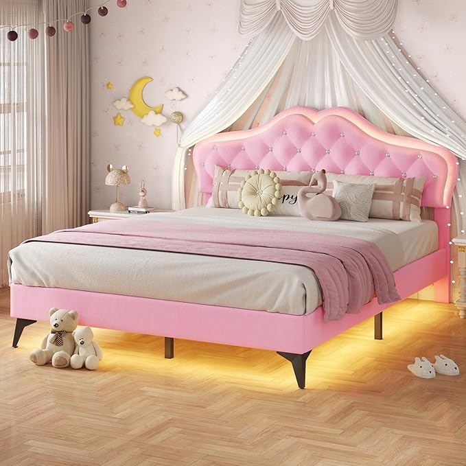 BTHFST Queen Size Upholstered Bed Frame with LED Lights, Princess Platform Bed for Girls, Adjustable Headboard with Crystal Button, Solid Wood Slats Support, No Box Spring Needed, Pink