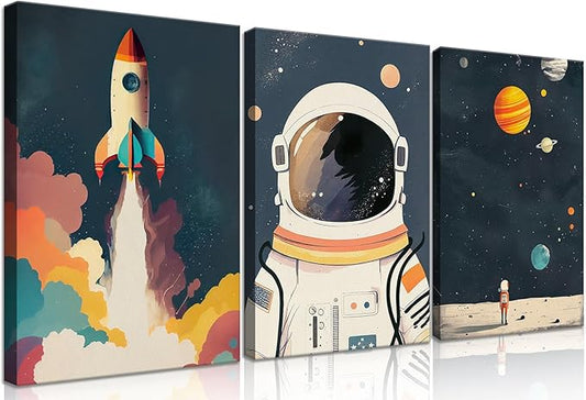 3Pcs Astronaut Wall art Nursery Space Adventure Posters Prints Rocketship Wall Decor Explore Dream Galaxy Canvas Prints Funny Planet Painting for Boys Girls Kids Bedroom Living Framed