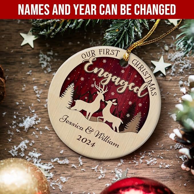 wowcugi Personalized First Christmas Engaged Ornament Personalized Reindeer Couple Ceramic Ornaments Engagement Ornament Wedding Keepsake Gifts for Newlywed Xmas Tree Decorations