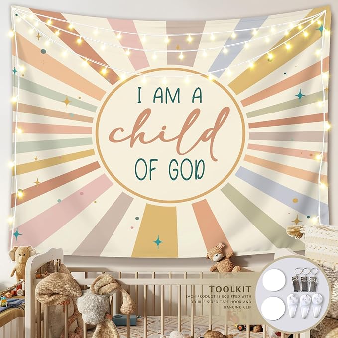 LIANGW Boho Neutral Baby Nursery Christian Wall Tapestry – I am a Child of God Bible Verse Decor, Inspirational Toddler Room Tapestry for Boys,Teens Room Decoration Living Room Bedroom 50x60 inches