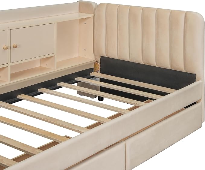Twin Size Daybed with Desk, Storage Drawers and L-Shaped Bookshelf Headboard, Velvet Upholstered Soft Corner Bed with Flip Cabinets and Shelves for Kids Boys Girls, Beige