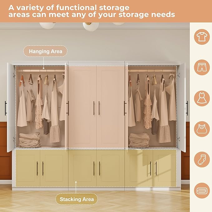 White Armoire Wardrobe Closet with 6 Door: Wood Wardrobe Closet Combination Cabinet Wooden Bedroom Armoire with Hanging Rods for Home/Bedroom/Living Room