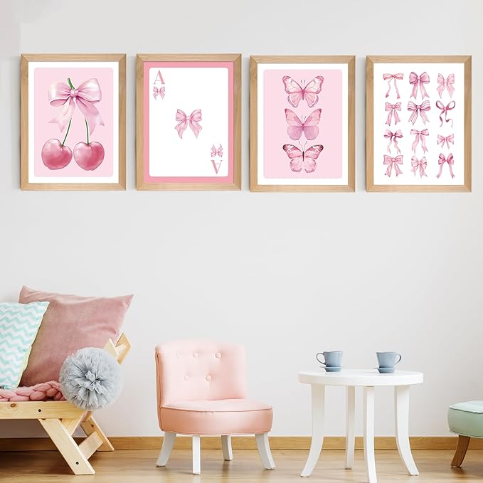 Set of 4 Framed Pink Bow Wall Art Prints Decor,12x16”Coquette Trendy Preppy Wall Decor Cherry Butterfly Canvas Wall Art Prints Framed Nursery Children Artwork Girls Playroom Bedroom Decoration