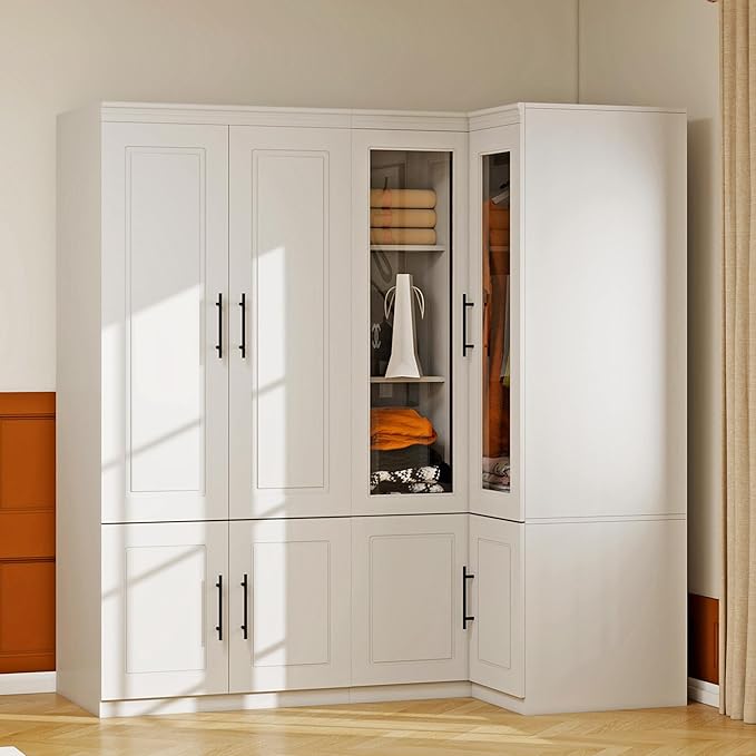 Armoire Wardrobe Closet with 4 Door: Wood Wardrobe Closet Transparent Door Wooden Combination Cabinet Bedroom Armoire with Hanging Rods for Home/Bedroom/Living Room