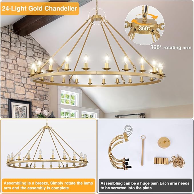 Wagon Wheel Chandelier, 24-Light Gold Large Round Modern Farmhouse Chandelier with Adjustable Height Island Light Fixture for High Ceiling Dining Room, Kitchen, Living Room, Entryways, Foyer