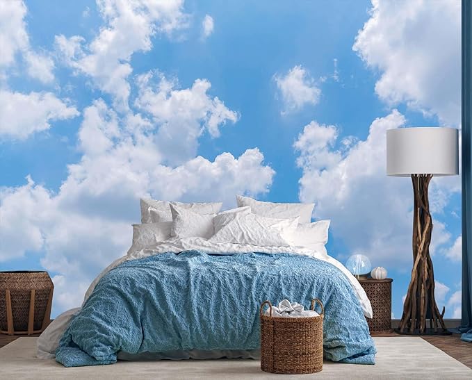Clouds Wallpaper for Ceiling Blue Sky and White Cloud Wall Mural for Living Room Bedroom Bathroom(Not Self-Adhesive)