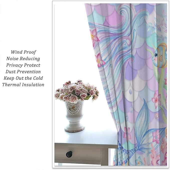 Fantasy Mermaid Curtain Dream Cartoon Marine Organisms Turtle Coral Ocean Theme Dream Blackout Window Treatment for Kids Girls Bedroom Nursery Room Decor Rod Pocket Window Drapes 55x63in