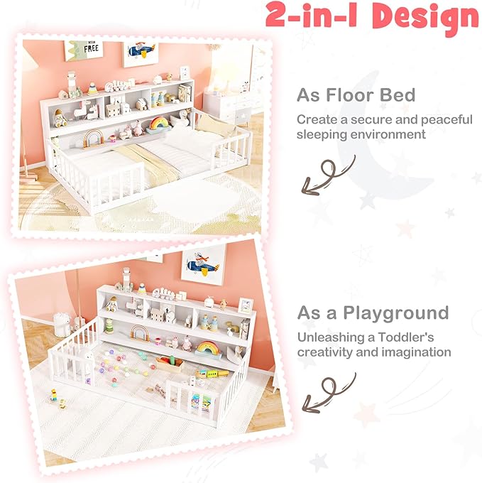 KOMFOTT Twin Floor Bed with Bookcase & Shelves, Wood Bed Frame with Bedside Bookshelves & Guardrails, Versatile 2-in-1 Montessori Floor Bed for Kids (White)