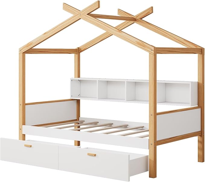 Twin Size Wooden House Bed with Two Drawers and Bookshelf Storage Space, Original Wood Colored Frame with Roof and Slats Support for Kids Teens Girls Boys Bedroom (White+Drawers, Twin)