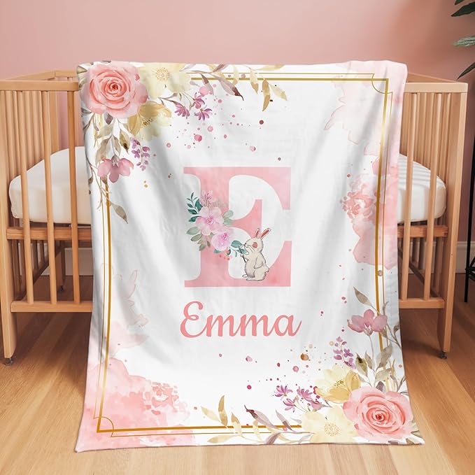 Personalized Baby Blanket with Name - Printed in USA,Custom Baby Blanket for Kids Soft Flanne Blankets in Easter Personalized Baby Gifts for Infant Newborn Shower (Pink)