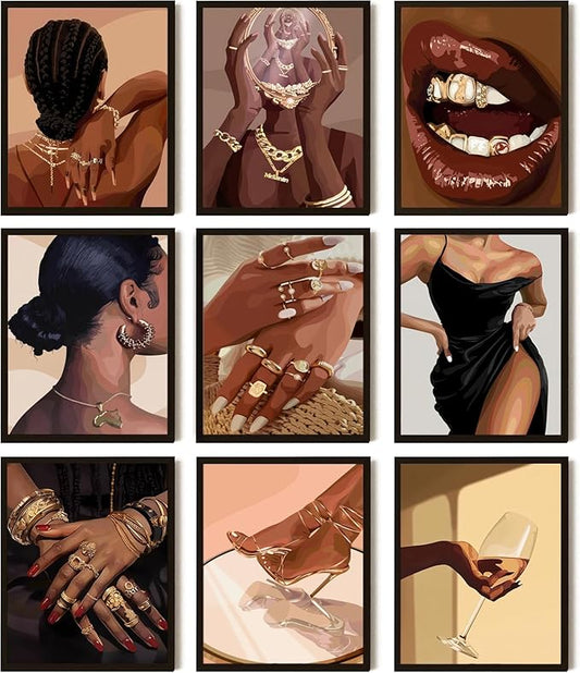 SEHSUVC Black Girl Posters Wall Art Set of 9, Abstract African American Woman Canvas Wall Decor Painting, Trendy Boho Artwork Aesthetics Prints for Living Room Bedroom Home Decor 8x10In Unframed